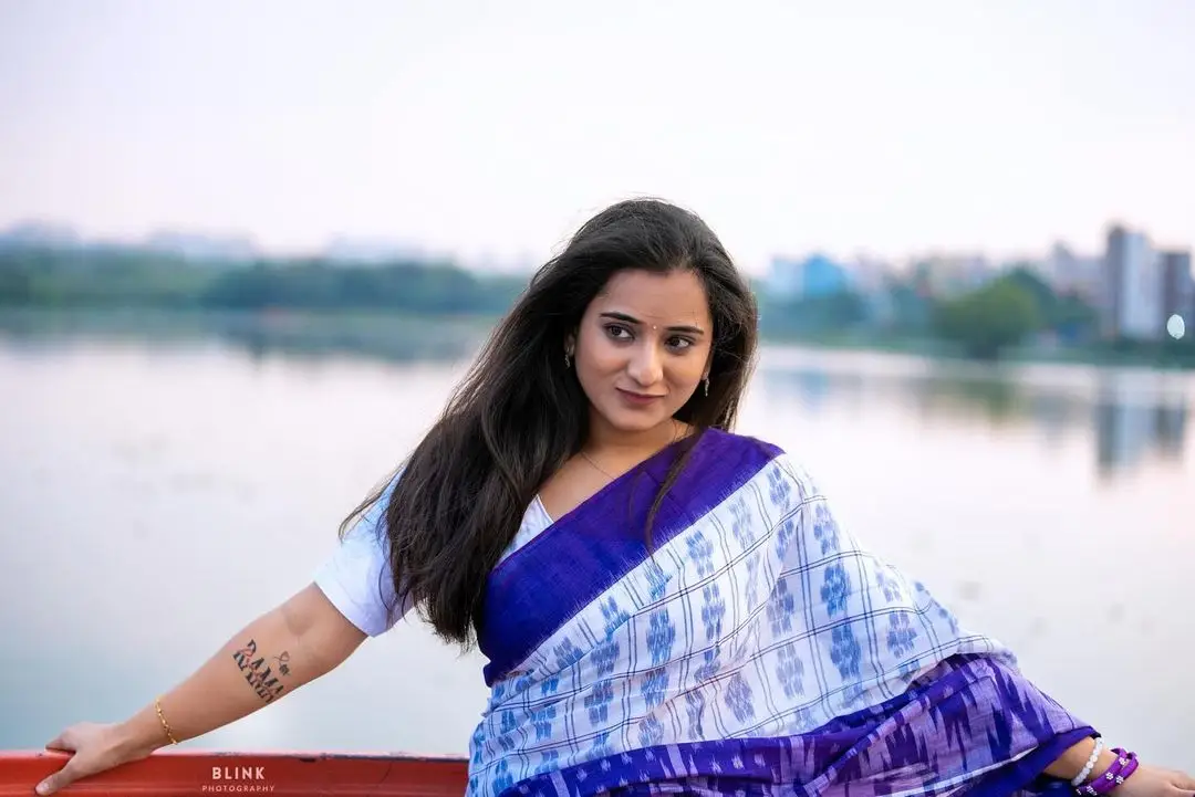 Telugu Actress Viraajita in Beautiful Jewellery Blue Saree Blouse